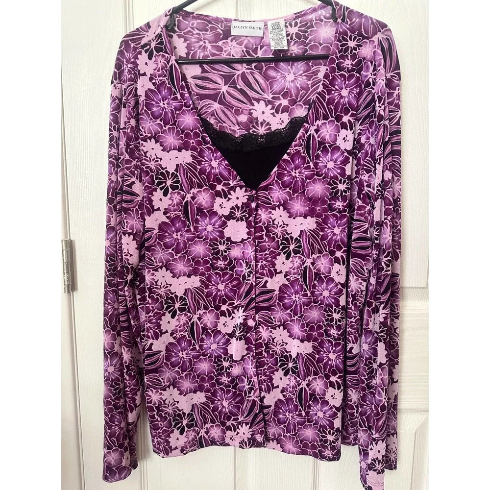 Women ladies Jaclyn smith XL purple floral cardigan + built-in cami blouse top - Picture 2 of 8